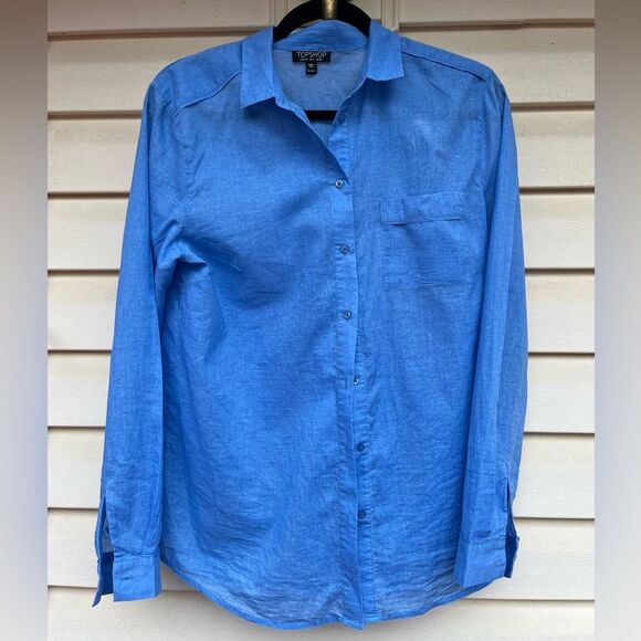 Topshop bright blue, thin and delicate long-sleeved, button down shirt, Small - Picture 1 of 10